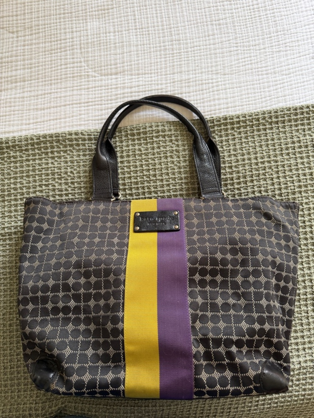 kate spade Brown Patterned Tote with Yellow & Purple Center Stripe